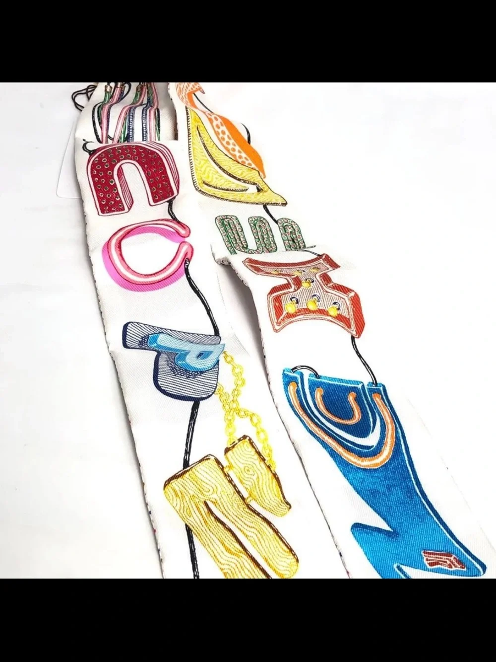 Hermes White Multicolor Silk Twilly Scarf